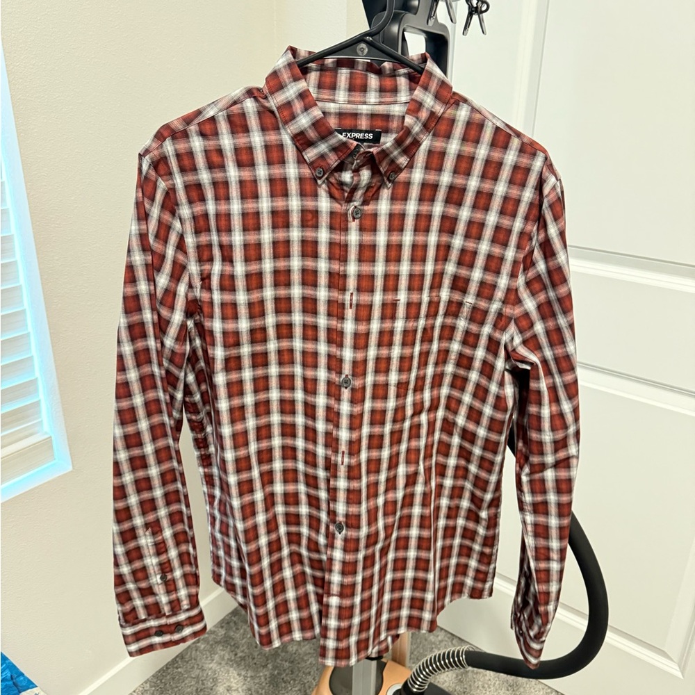 Express Men's Red and White Plaid Button Down Shirt